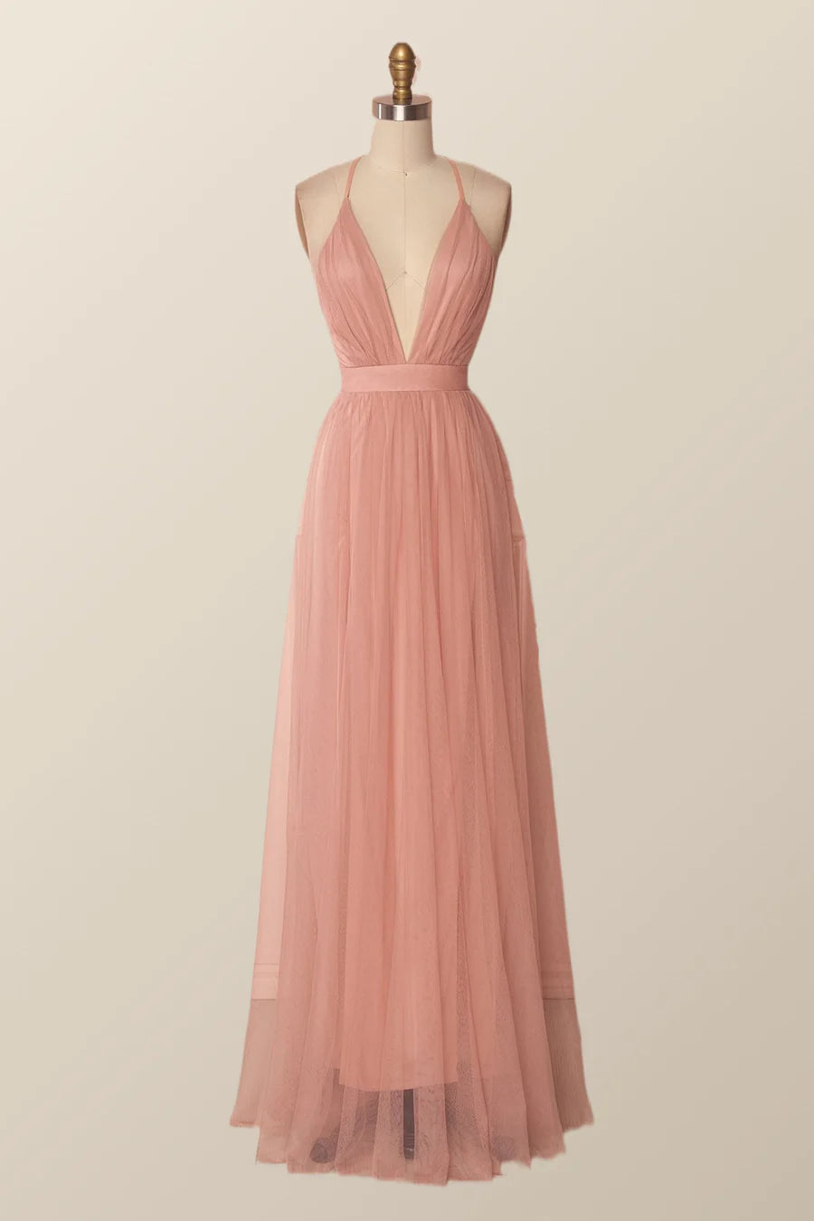 Plunge Pink Tulle A-line Long Formal Prom Dresss