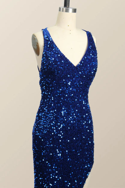 One Shoulder Royal Blue Sequin Slit Long Prom Dress