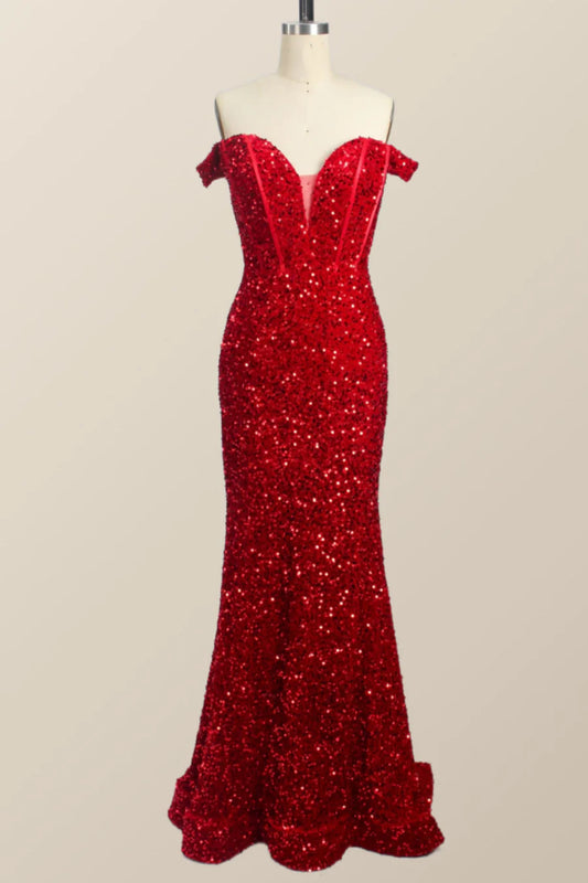 Off the Shoulder Red Sequin Mermaid Prom Dress