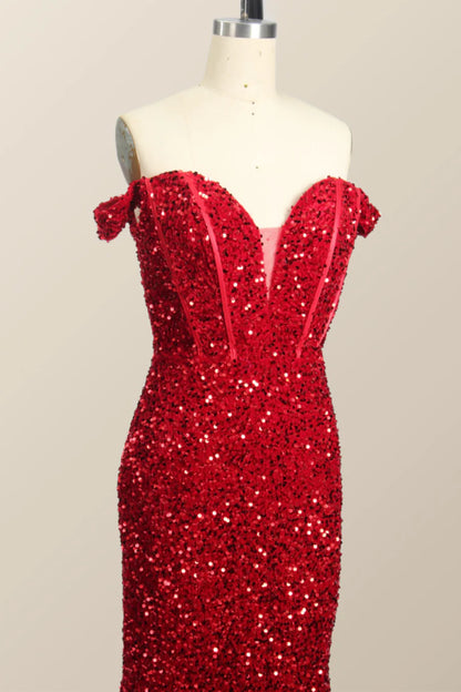 Off the Shoulder Red Sequin Mermaid Prom Dress