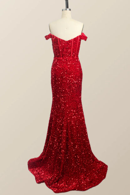 Off the Shoulder Red Sequin Mermaid Prom Dress