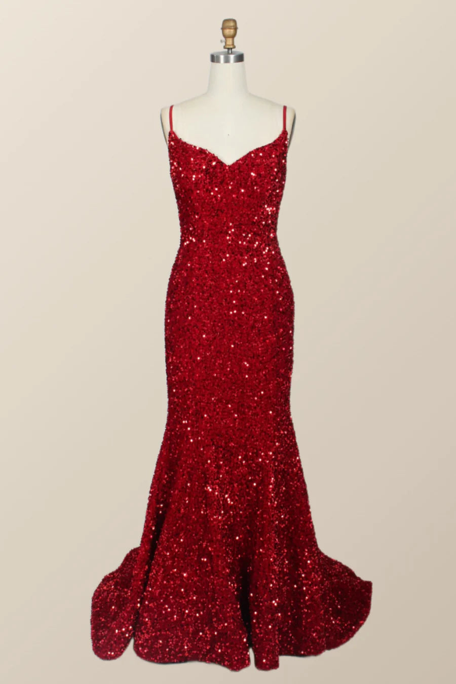 Straps Red Sequin Mermaid Long Prom  Dress