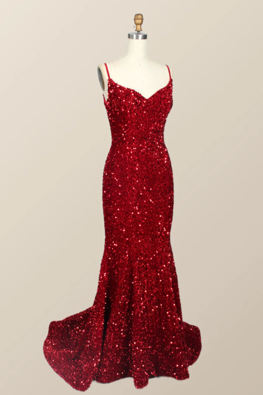 Straps Red Sequin Mermaid Long Prom  Dress