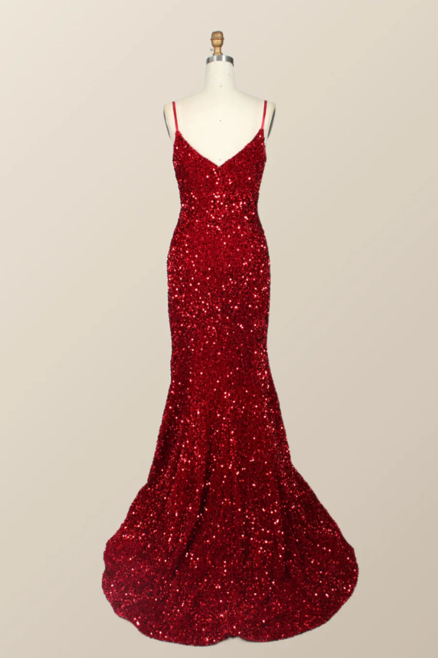 Straps Red Sequin Mermaid Long Prom  Dress