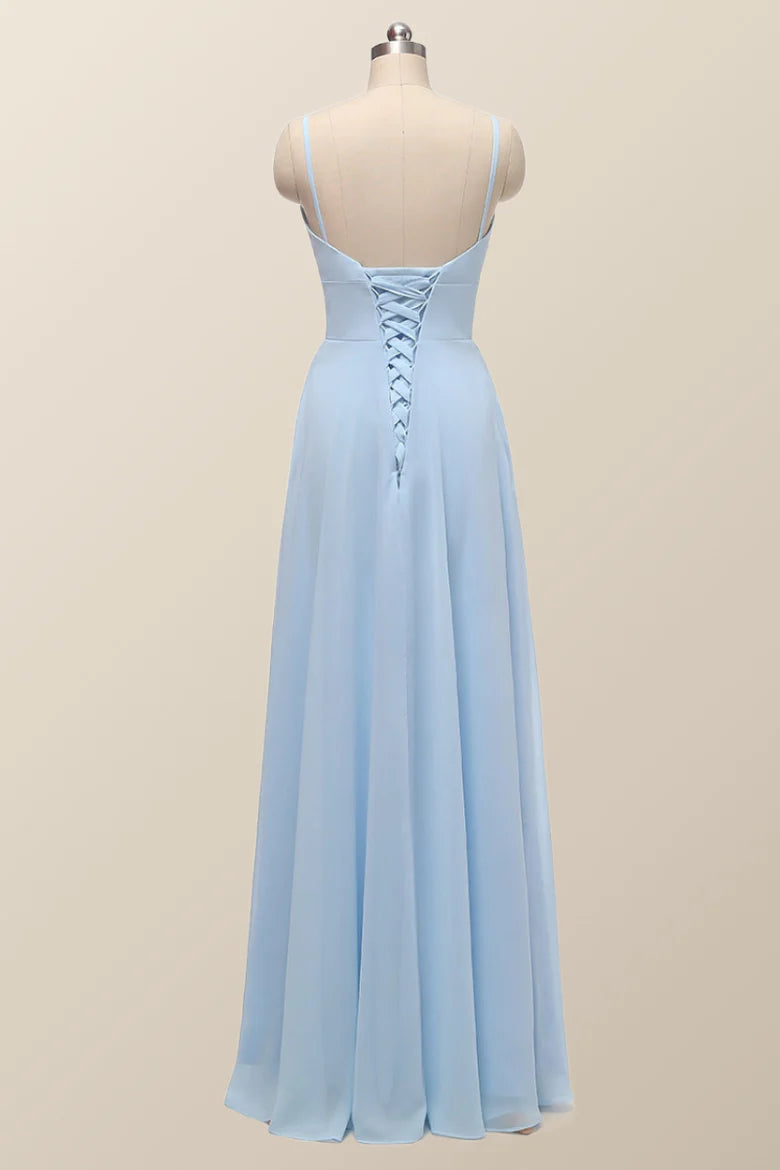 Straps Blue Empire Chiffon Long Bridesmaid Dress