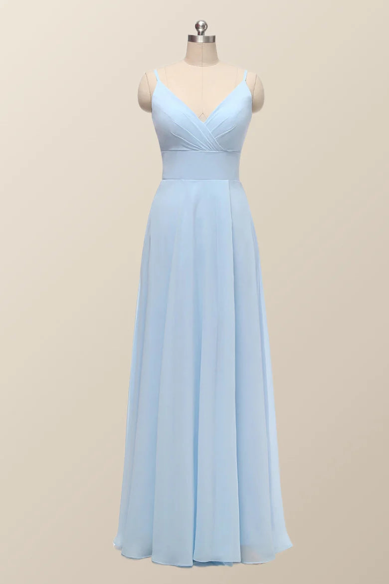 Straps Blue Empire Chiffon Long Bridesmaid Dress