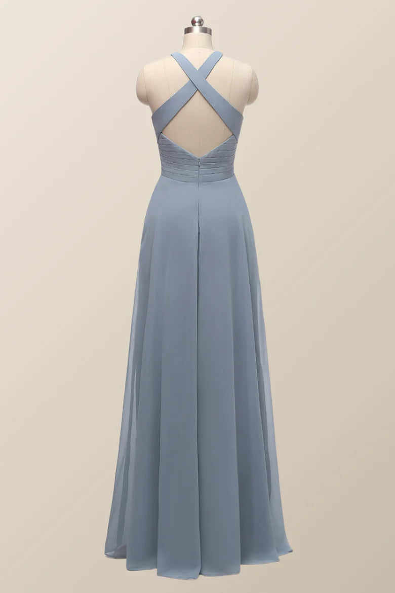 Halter Misty Blue Chiffon A-line Long Bridesmaid Dress