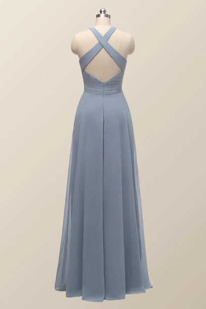 Halter Misty Blue Chiffon A-line Long Bridesmaid Dress