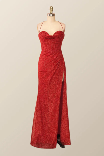 Fitted Red Cowl Neck Long Prom Dress with Slit