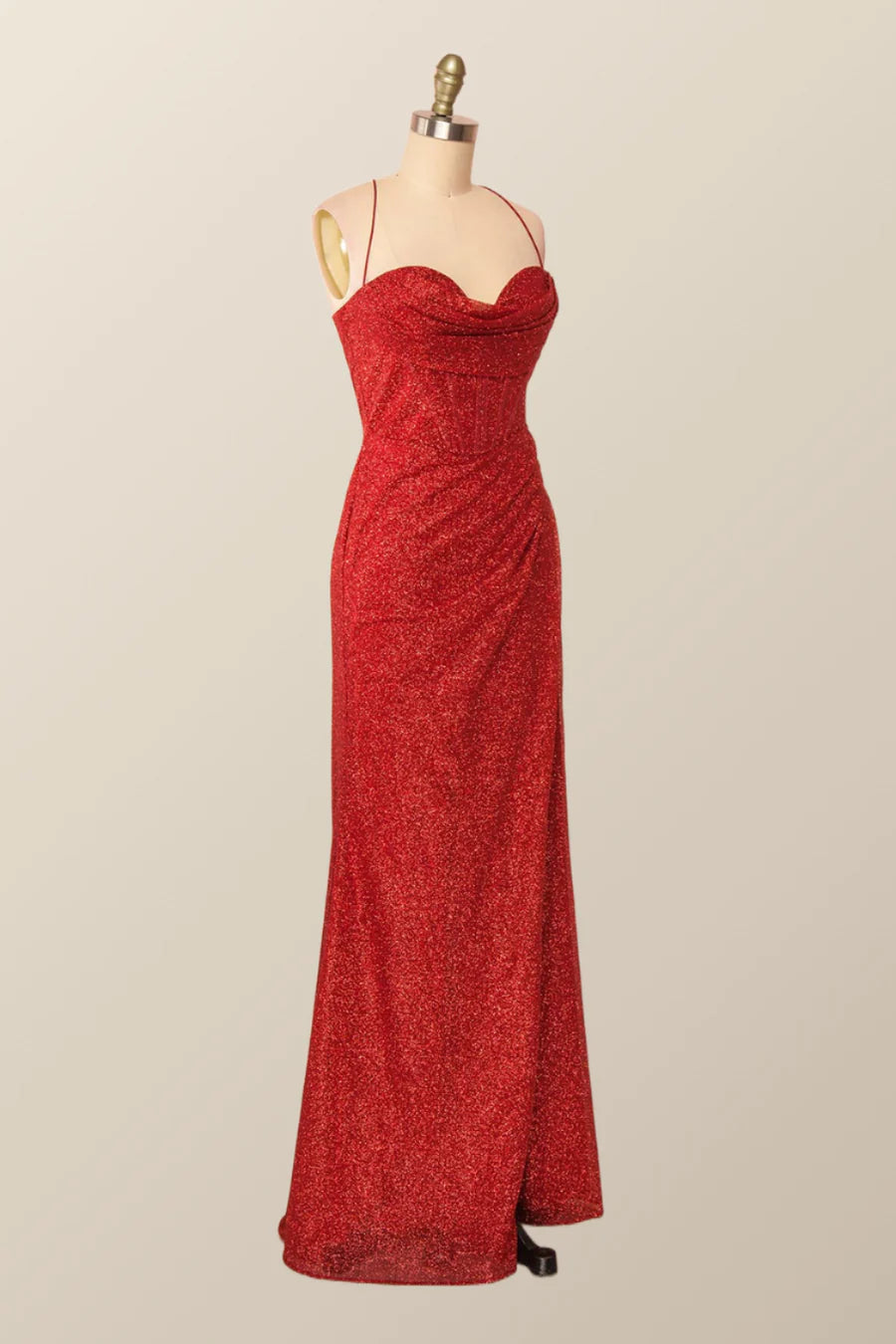 Fitted Red Cowl Neck Long Prom Dress with Slit