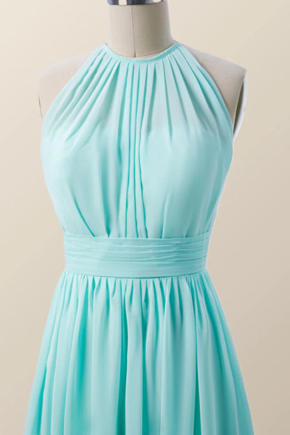 Halter Blue Chiffon Long Bridesmaid Dress