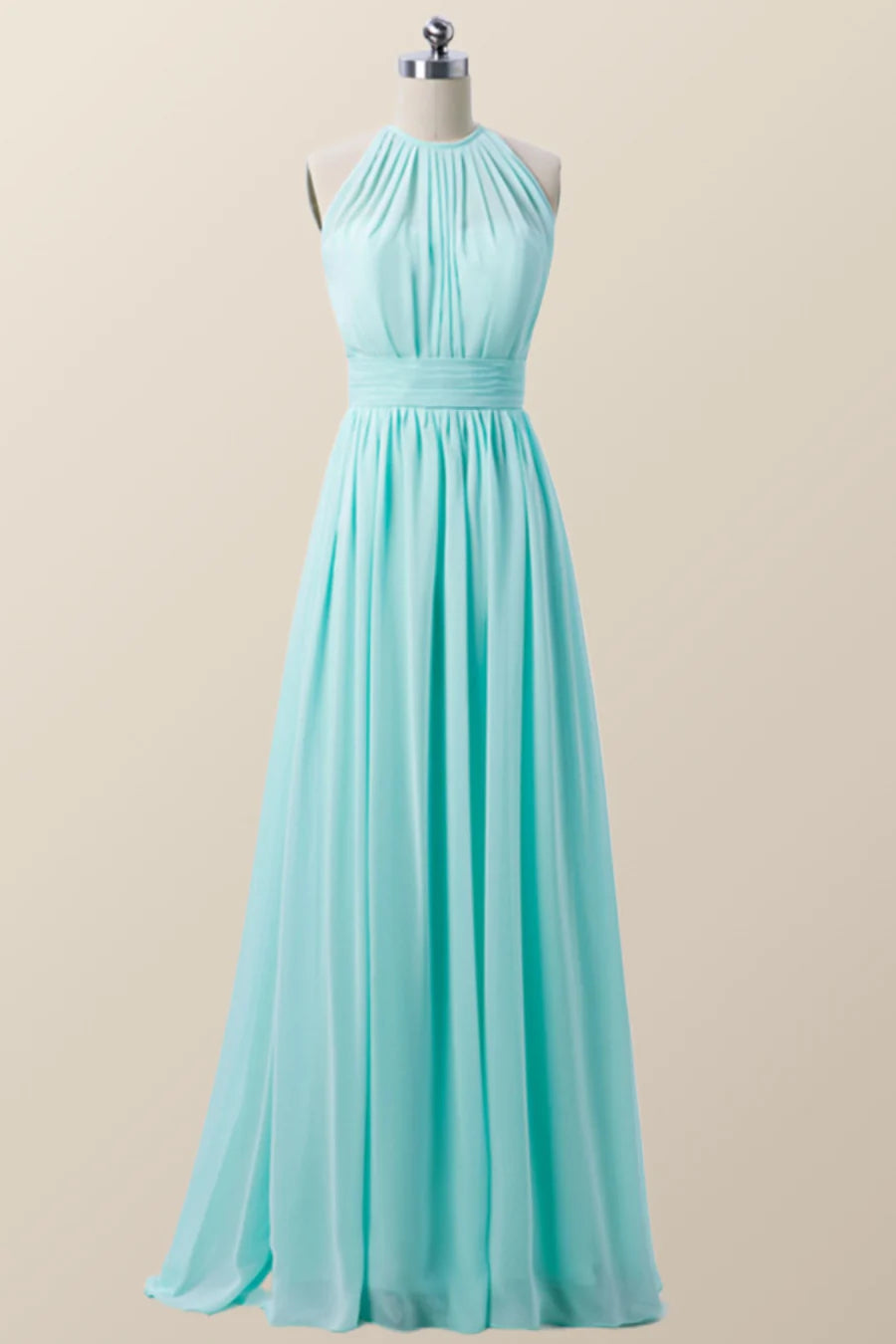 Halter Blue Chiffon Long Bridesmaid Dress