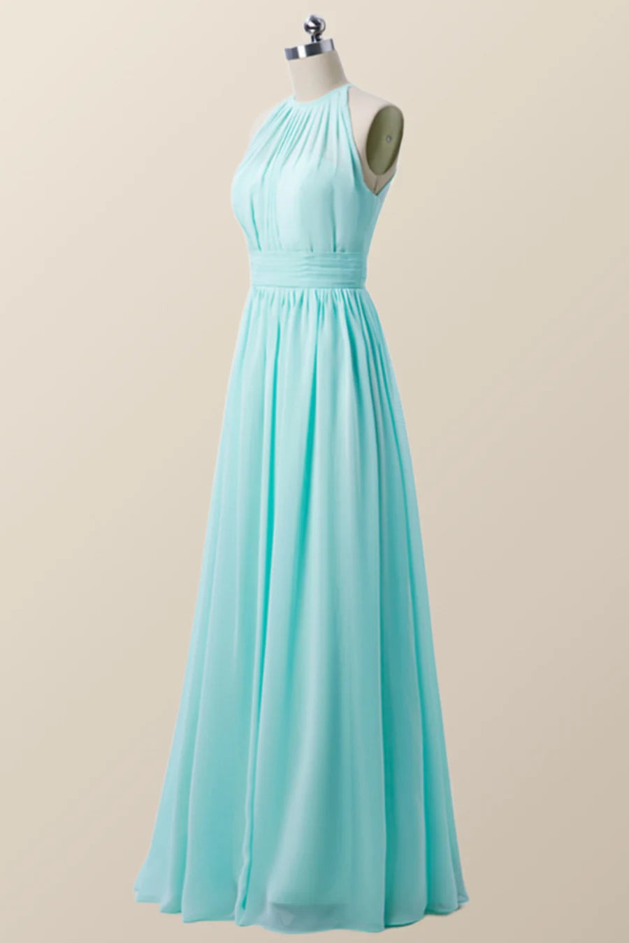 Halter Blue Chiffon Long Bridesmaid Dress