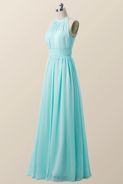 Halter Blue Chiffon Long Bridesmaid Dress