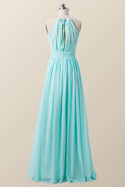 Halter Blue Chiffon Long Bridesmaid Dress