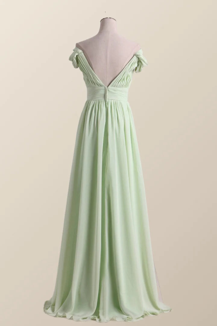 Empire Sage Green Chiffon Pleated V Neck Bridesmaid Dress