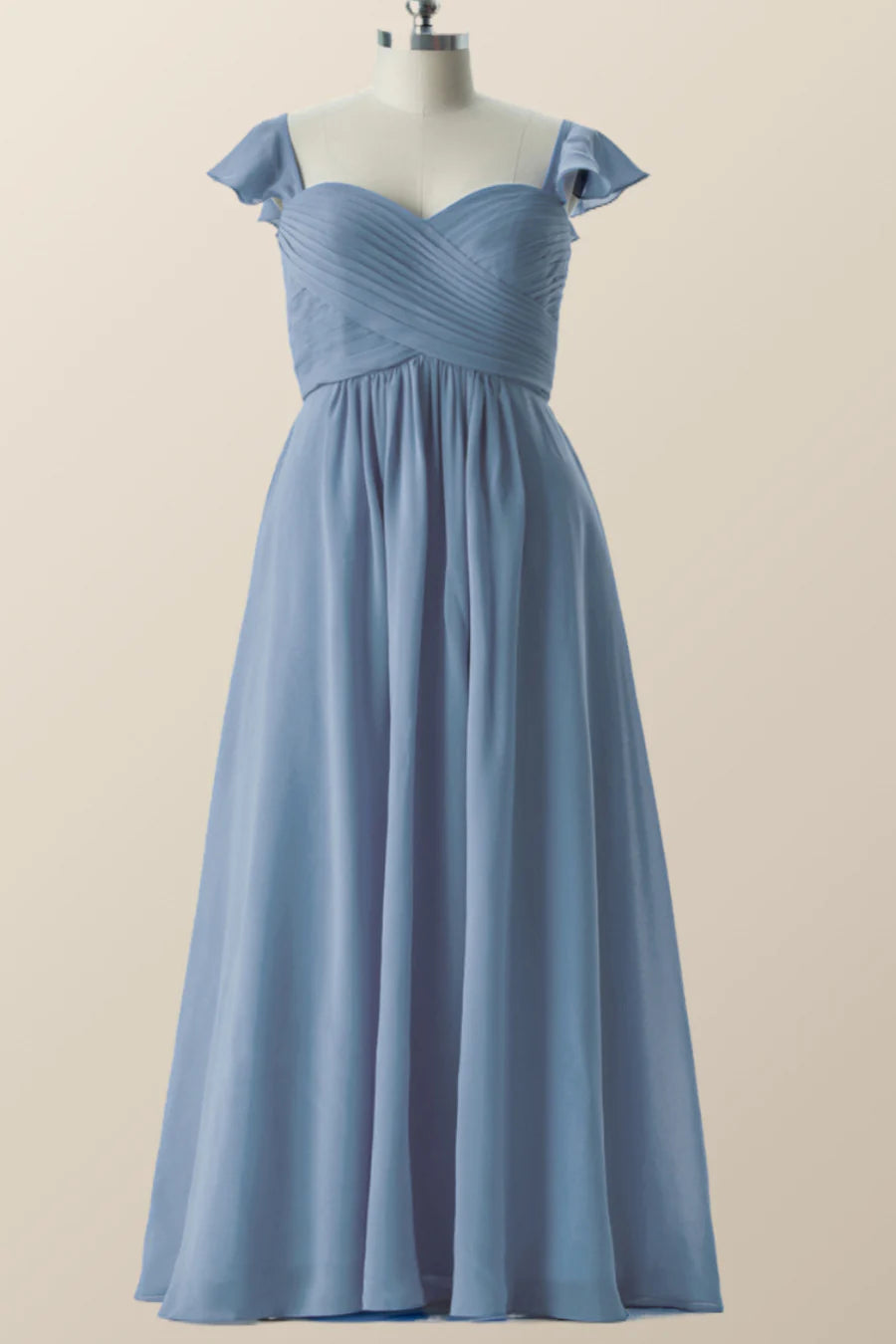 Flare Sleeves Misty Blue Pleated Long Bridesmaid Dress