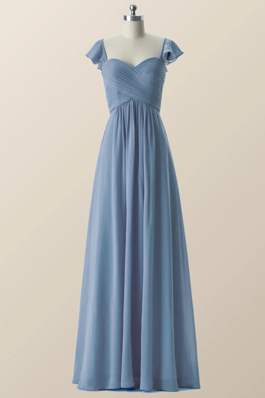 Flare Sleeves Misty Blue Pleated Long Bridesmaid Dress