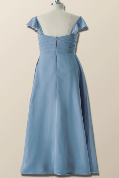 Flare Sleeves Misty Blue Pleated Long Bridesmaid Dress