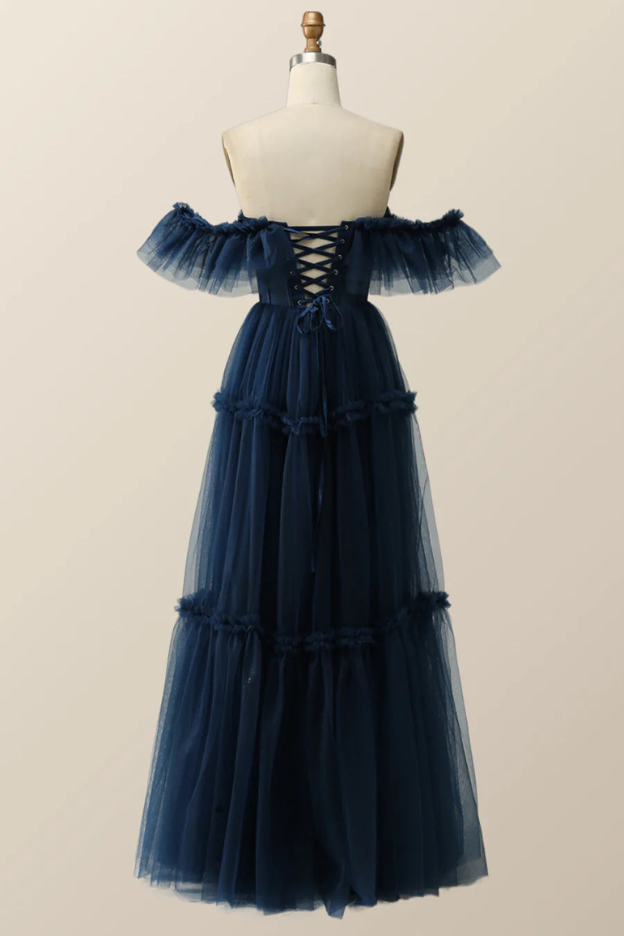 Off the Shoulder Navy Blue Tulle Prom Gown