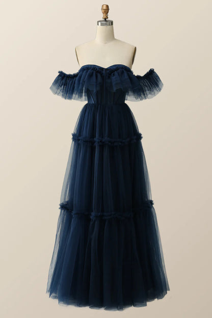 Off the Shoulder Navy Blue Tulle Prom Gown