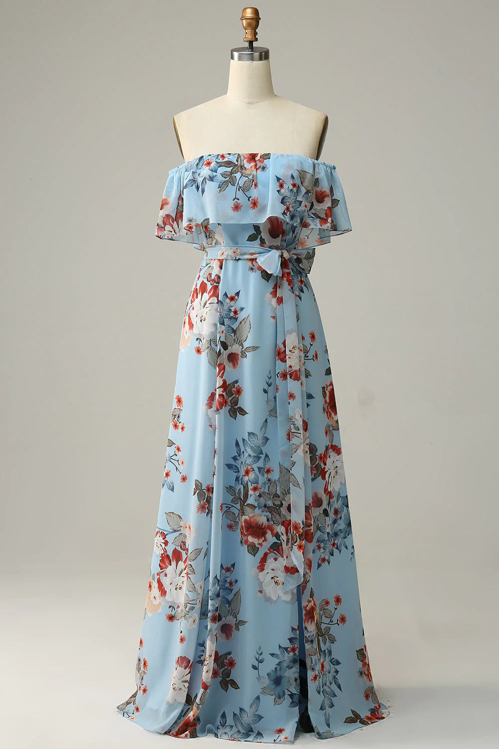 Dark Blue Floral Boho Chiffon Long Bridesmaid Dress