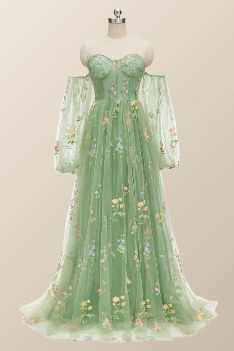 Long Sleeves Green Floral Corset Long Formal Prom Dress