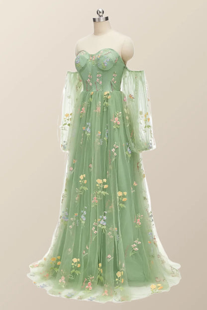 Long Sleeves Green Floral Corset Long Formal Prom Dress