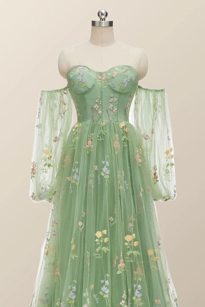 Long Sleeves Green Floral Corset Long Formal Prom Dress