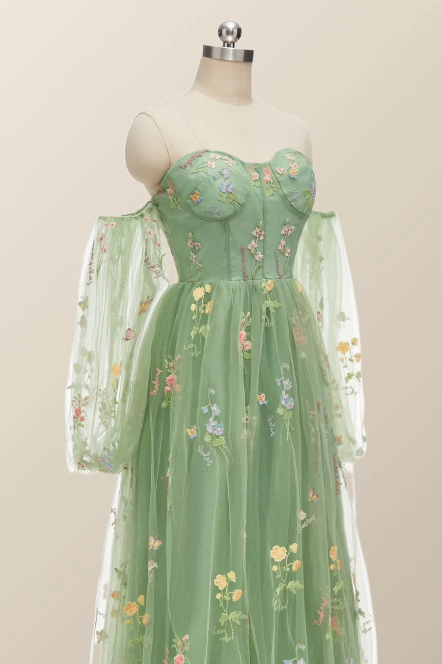 Long Sleeves Green Floral Corset Long Formal Prom Dress