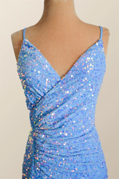 Straps Blue Sequin Ruched Faux Wrap Prom Dress