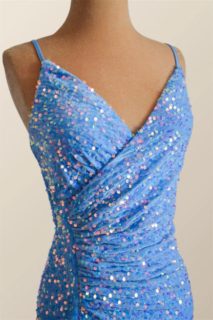 Straps Blue Sequin Ruched Faux Wrap Prom Dress