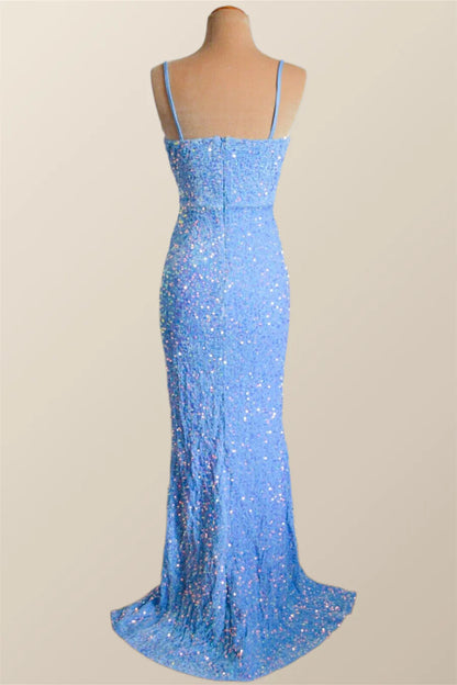 Straps Blue Sequin Ruched Faux Wrap Prom Dress