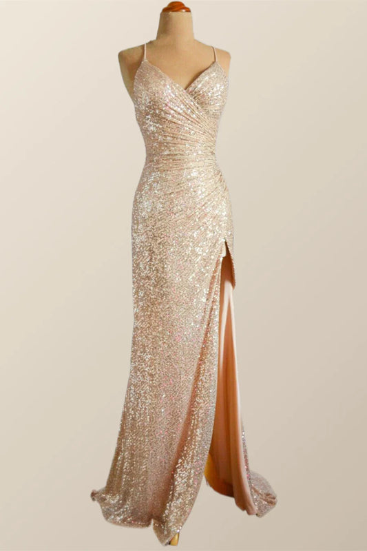 Straps Champagne Sequin Mermaid Long Prom Dress with Slit