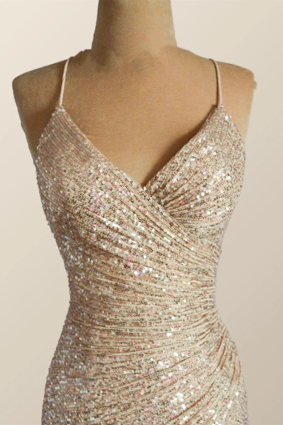 Straps Champagne Sequin Mermaid Long Prom Dress with Slit