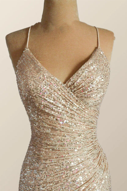 Straps Champagne Sequin Mermaid Long Prom Dress with Slit