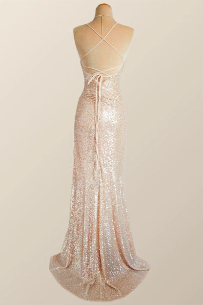 Straps Champagne Sequin Mermaid Long Prom Dress with Slit