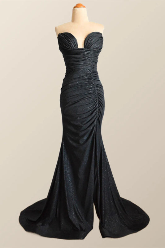 Strapless Black Ruched Mermaid Long Prom Dress