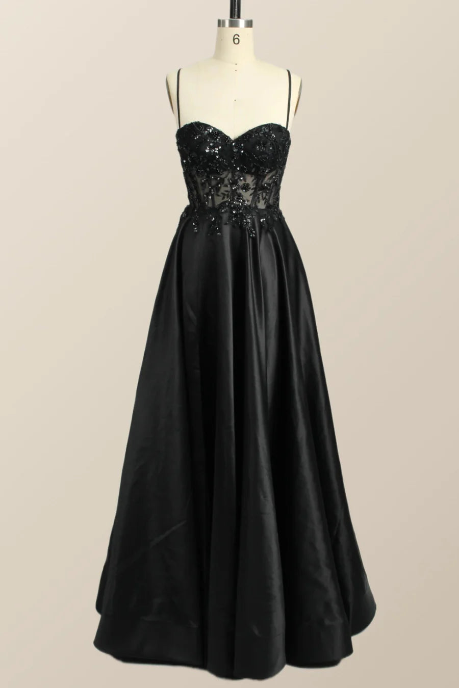 Beaded Black Satin A-line Prom Dress