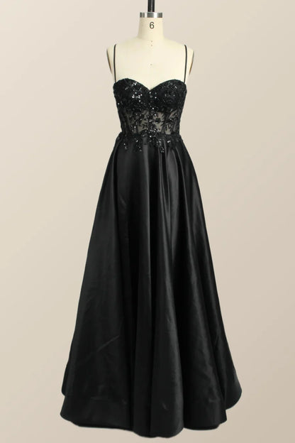 Beaded Black Satin A-line Prom Dress