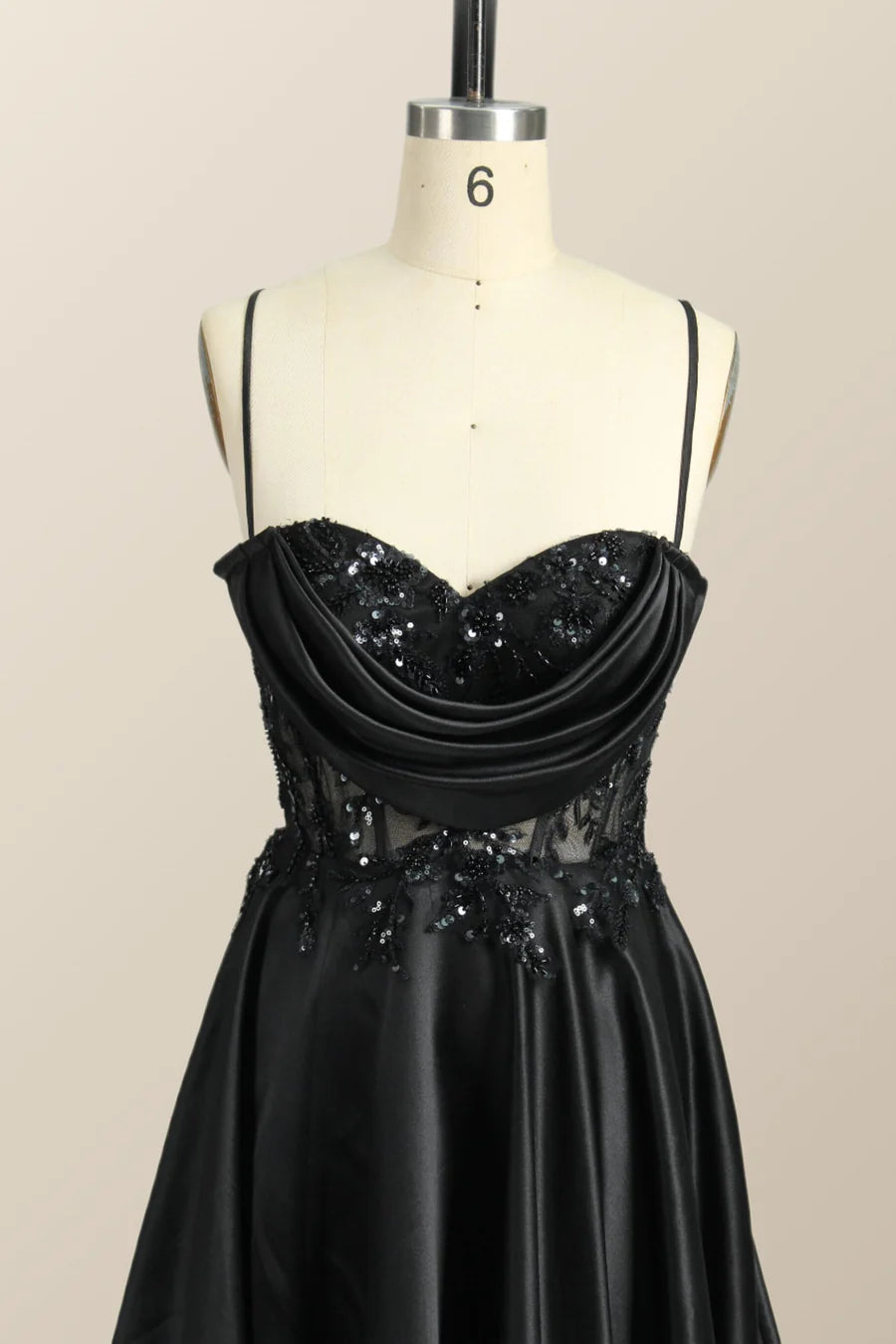 Beaded Black Satin A-line Prom Dress