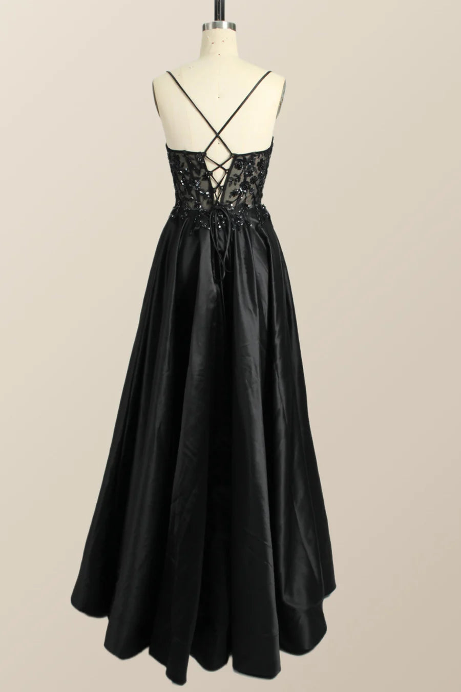 Beaded Black Satin A-line Prom Dress