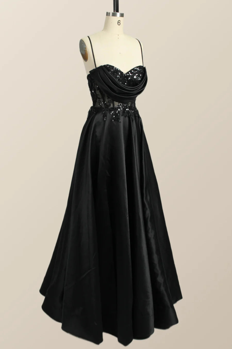 Beaded Black Satin A-line Prom Dress