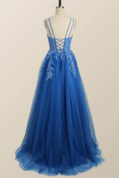 Blue Appliques A-line Tulle Long Prom Dress