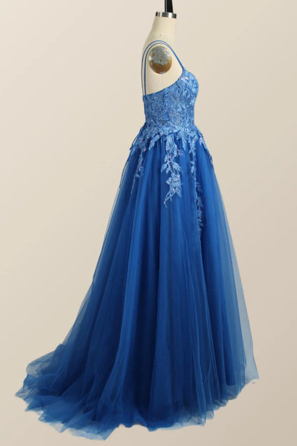 Blue Appliques A-line Tulle Long Prom Dress