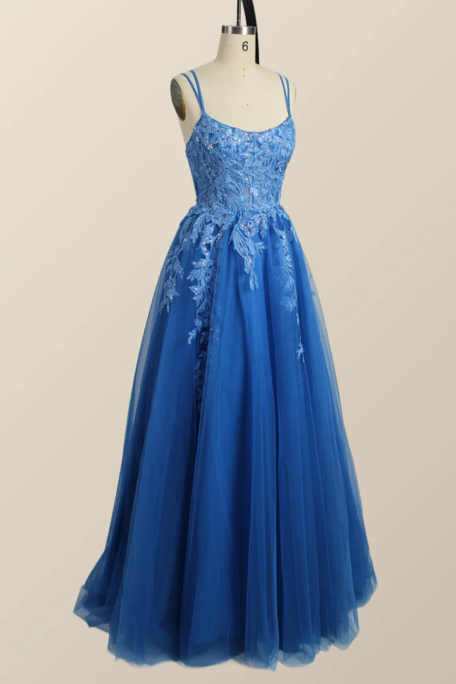 Blue Appliques A-line Tulle Long Prom Dress