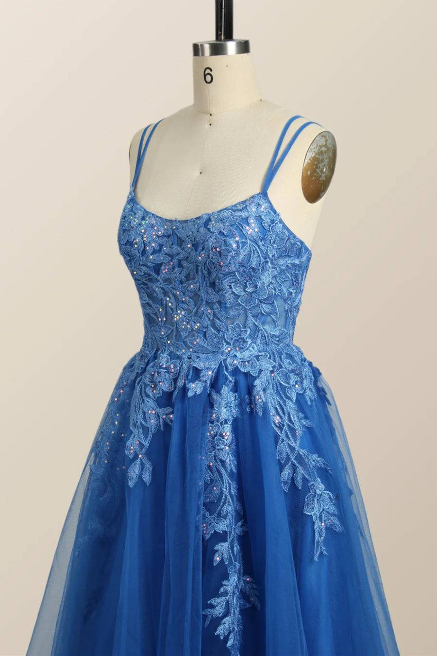 Blue Appliques A-line Tulle Long Prom Dress