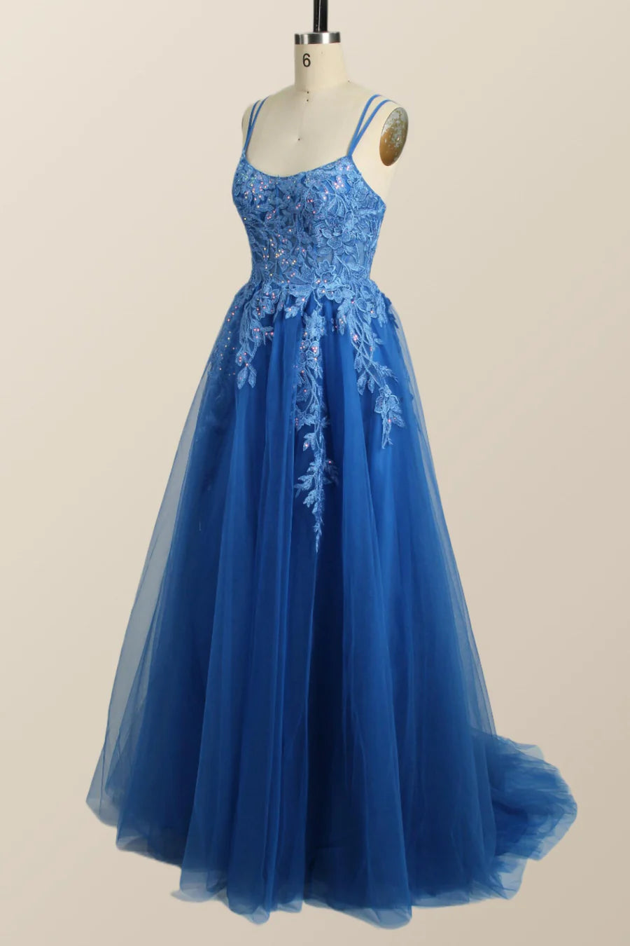 Blue Appliques A-line Tulle Long Prom Dress