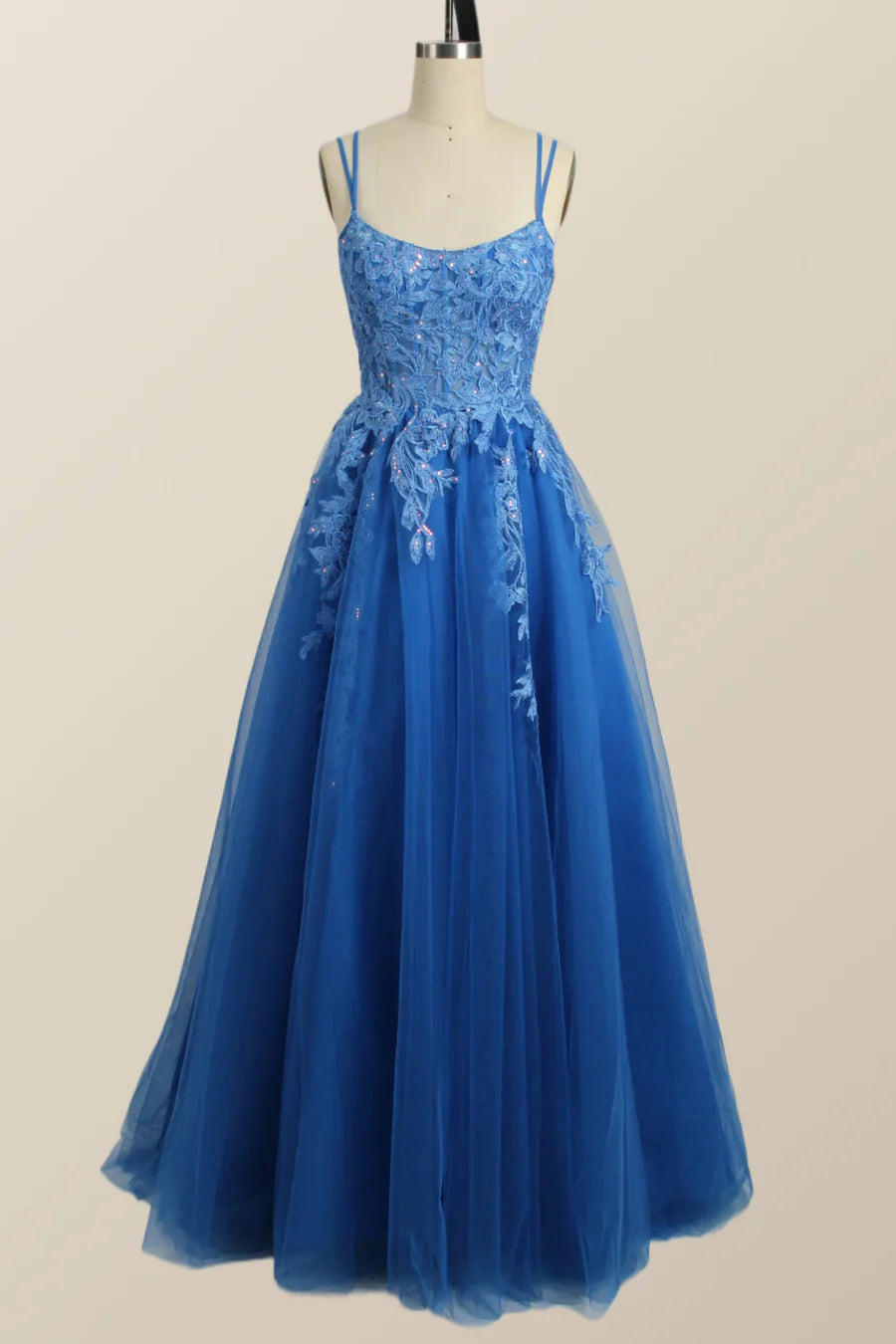 Blue Appliques A-line Tulle Long Prom Dress