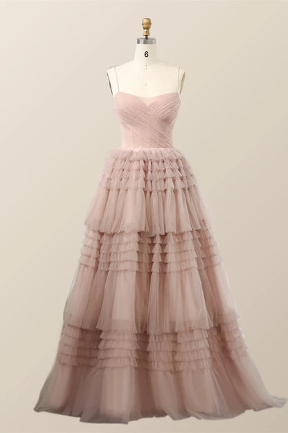 Straps Blush Tulle Tiered Long Prom Dress